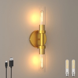 ThyFenno Rechargeable Battery Operated Vanity Light, Dimmable Wall Lamp with Touch Control, Cordless Bathroom Lights Over Mirror, Modern Wall Light for Living Room Hallway Indoor, Gold