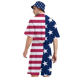 Wilumi Male American Flag Romper 4th of July Overalls Patriotic Hawaiin Jumpsuits One Piece 3D Graphic Playsuit Party Suit with Bucket Hats Large