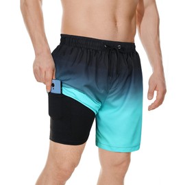 Men's Swim Trunks Mens Bathing Suit Mens Swim Trunks with Compression Liner Beach Shorts for Men Black Blue Gradient L