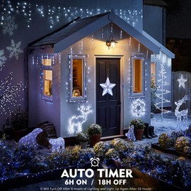 Battery Icicle Christmas Lights 102 LED White Icicle Fairy Lights Timer Green Wire 10Ft Outdoor Christmas icicle String Lights with 18 Drops Waterproof Dimmable Decor for Porch Party Roof Eave