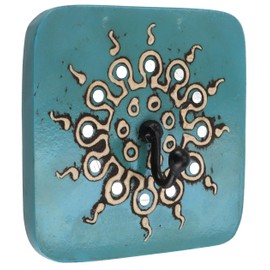 GURU SHOP Vintage Coat Hooks, Coat Hooks, Key Rack, Wall Hooks 'Bagru' Sun, 4 Colours, Turquoise, Wood, Colour: Turquoise, 10 x 10 cm, Wall Hooks Made of Wood, Metal and Ceramic