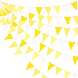 32Ft Yellow Party Decorations Yellow White Pennant Banner Fabric Triangle Flag Bunting Garland for Lemon Bee Sunflower Birthday Baby Shower Anniversary Wedding Party Home Outdoor Garden Decorations