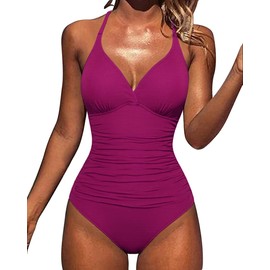 Hilor - Traje de baño de una pieza para mujer con espalda de macramé y control de abdomen, Hora del vino, 8