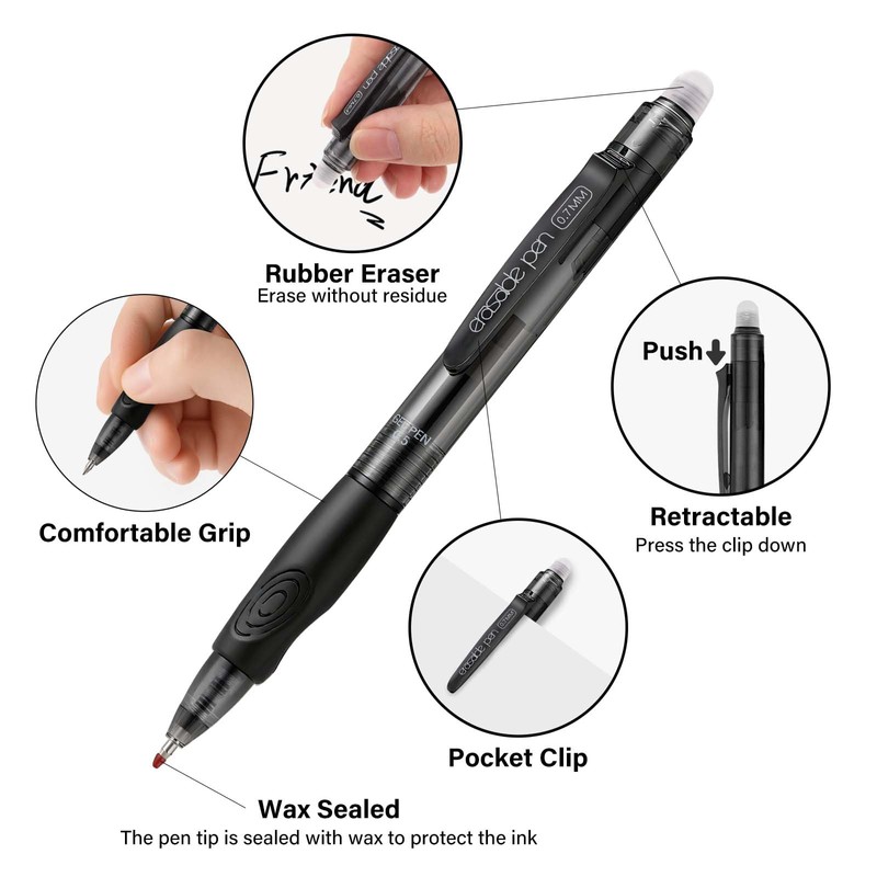 EUSOAR Erasable Pens Black, 12 Pack Eraser Pen Fine Point