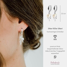 Bridal Earrings with Pearl - 925 Silver - Hoop Earrings for Wedding - Handmade Earrings with Leaves - High Quality Vegan Bridal Jewellery - Waterproof Pearl Earrings, Sterling Silver, Pearl