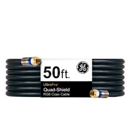 GE RG6 Coaxial Cable, 50 ft. F-Type Connectors, Quad Shielded Coax Cable, 3 GHz Digital, In-Wall Rated, Ideal for TV Antenna, DVR, VCR, Satellite, Cable Box, Home Theater, Black, 33532