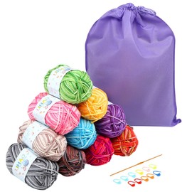 LIHAO 500 g wool for crochet 10 x 50 g crochet yarn with accessories, storage bag, hand knitting yarn for knitting and crafts, 10 colours