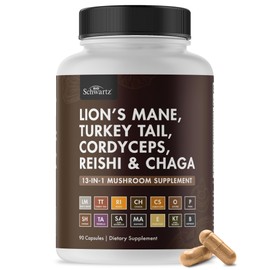 BioSchwartz 13-in-1 Mushroom Complex Capsules - Organic Mushroom Supplement with Lions Mane, Chaga, Reishi, Cordyceps - Supports Focus, Energy, Immune System - with BioPerine for Absorption, 90 Count