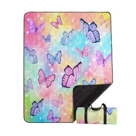 Smell Sunshine Outdoor Picnic Blanket,Portable Ultrasonic Waterproof Picnic Mat,Colorful Butterfly Printed Camping Beach Mat for Sand and Wet Grass Hiking (Butterfly L)