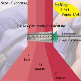 ianblues Nail Drill 5 in 1 Multifunction Upgrade Edition -Super Cut Series Efile for Manicure Drill Machine, Hard Nail Gels Remove Ability (Large Barrel Straight Cut, Coarse -C)