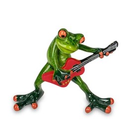 Frog with Guitar Frog Ribbon 16 cm Made of Artificial Stone, Hand Painted and Decorated with Details