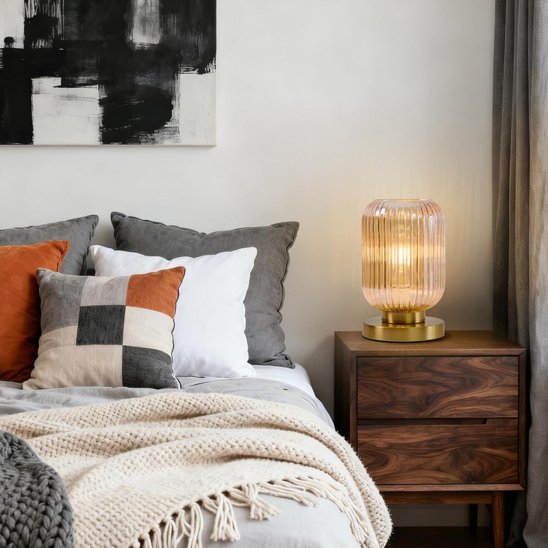Mid Century Modern Table Lamp: Vintage Amber Ribbed Glass Globe