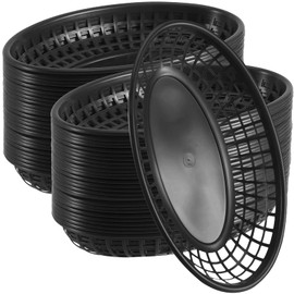NINGWAAN 50 Pack 9 x 5.6 Inch Black Fast Food Baskets, Oval Reusable Plastic Fast Food Serving Baskets, Bread Basket for Fried Chicken, Hot Dogs, Bread, Burgers, Sandwiches