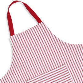 Cackleberry Home Red and White Ticking Stripe Woven Cotton Bib Apron Pocket Adjustable Strap
