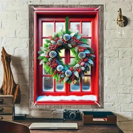 BlissYard Christmas Window Decorations 32x47 Inch Christmas Window Cover Lush Wreath Frosted Pinecones Red Berries Classic Door Whimsical Windows Silhouette for Indoor Outdoor Holiday Party Decor