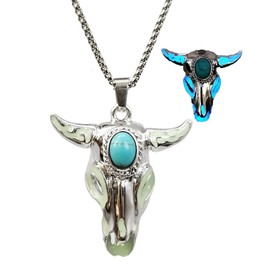 Western Necklace Bohemian Turquoise Bull Ox Head Skull Necklace for Women Men Glow in the Dark Jewelry