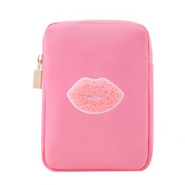 BLOC Bags Travel Makeup Bag, Cosmetic Bags for Women, Mini Makeup Bag, Cute Toiletry Bag, Beauty Bag with Chenille Patch, with Inside Zipper Pouch and Mesh Pockets (Pink Kiss, Bubblegum Pink)