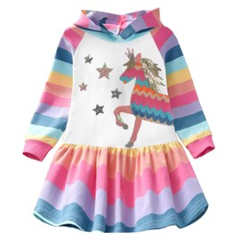 VIKITA Girls' T-Shirt Dress, Cotton, Long Sleeves, Striped, Animal Design, Size 80–128
