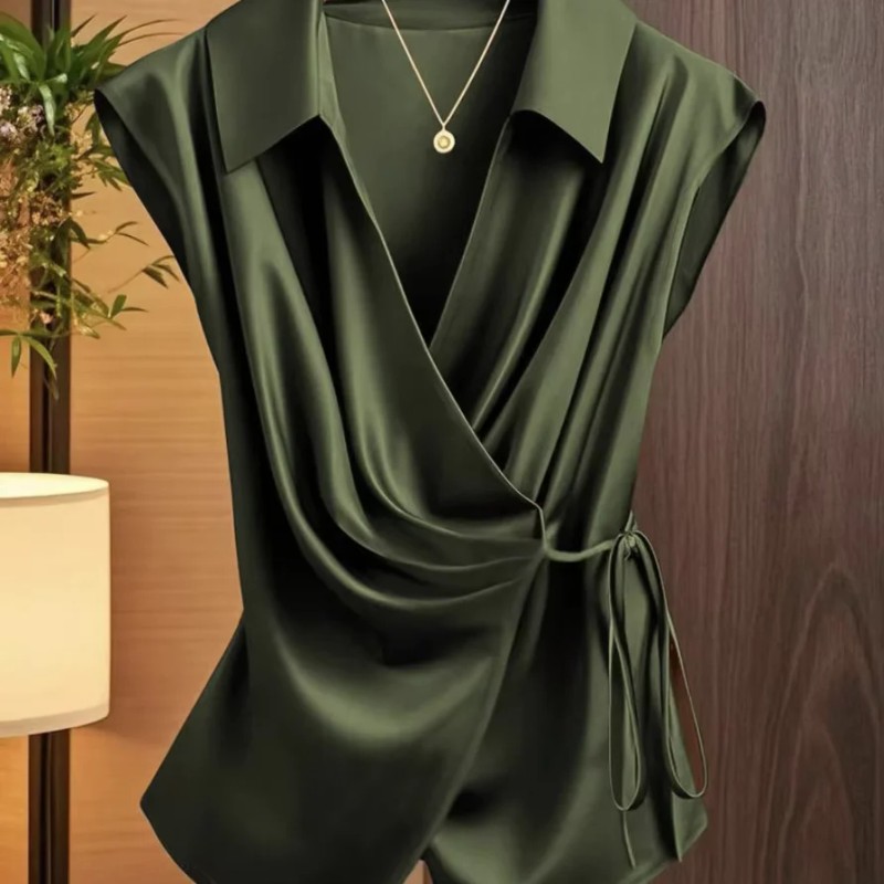 Women's Satin Wrap Blouse Dark Green Collared Sleeveless Tie Waist