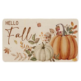 Mocsicka Fall Pumpkin Door mat 17'' X 30'' Autumn Farmhouse Floral Maple Leaves Entrance Rugs for Fall Home Decor Autumn Welcome Doormat Anti-Slip Washable Linen Front Door Rug for Outdoor Indoor