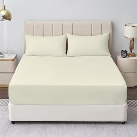 Rohi® Single Fitted Sheet with One Pillowcase – Pure Poly cotton Plain bedding (Single Fitted Sheet & Pillowcases, Cream)