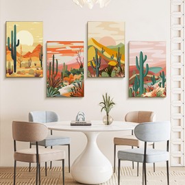 Offito 4 Pack Framed Paint by Numbers Kit for Adults Beginners with Wooden Easel, Cactus Easy Paint by Number Kit with Frame, Watercolor Adult Paint by Number Framed Canvas (8 * 12 Inch)