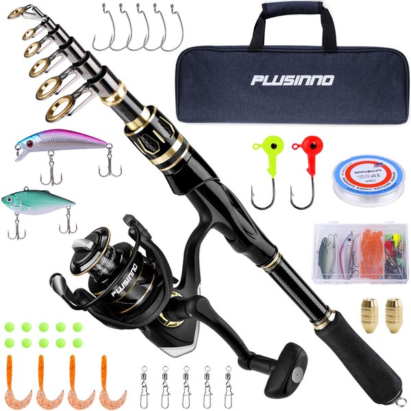 PLUSINNO Fishing Rod and Reel Combos Set,Telescopic Fishing Pole with Spinning Reels, Carbon Fiber Fishing Rod for Travel Saltwater Freshwater Fishing