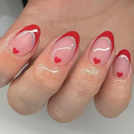 Red French Tips Press on Nails Medium Fake Nails with Red Heart Design Silver Glitter Almond False Nails Glossy Valentines Nails Reusable Red Nails for Women Girls Manicure 24pcs