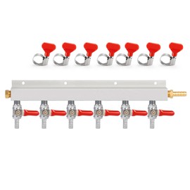 Ferroday 6 Way CO2 Gas Manifold, CO2 Gas Distributor, 5/16" Barbed Fitting Brew Beer Keg Line CO2 Gas Splitter, 6 Way Kegerator CO2 Distributior Manifold With Integrated Check Valves & 7 Clamps