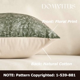 DOMVITUS Floral Pillow Covers 18x18 Throw Pillow Covers Block Print Vintage Decorative Neutral Pillow Cover for Couch Bed Living Room Dusty Green 1PC