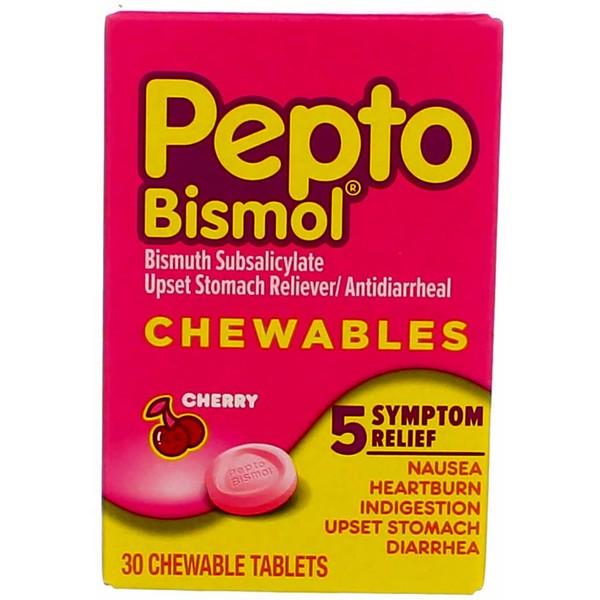 Pepto-Bismol 5 Symptoms Digestive Relief Chewable Tablets, Cherry 30 ea (Pack of 6)