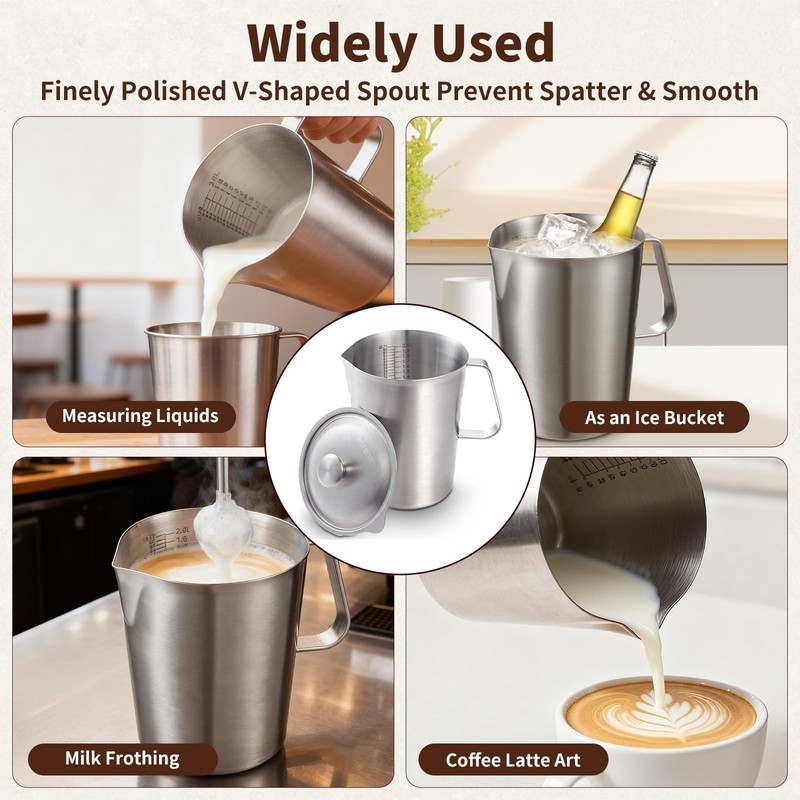 YOKUGO Stainless Steel Pitcher with Lid 2L, 70 oz Metal
