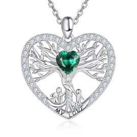 Tree of Life Necklace For Women 925 Sterling Silver Mother and 3 Children Tree of Life Heart Pendant Necklace Emerald Tree of Life Jewelry Gift For Mother Women Grandmother, Sterling Silver, Emerald
