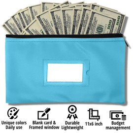 Money Bank Deposit Bag with Zipper | 11x6 inch | Light Blue | Durable Leatherette Money Cash Coin Check Wallet Pouch for Men & Women with Framed ID Window and Blank Card | by GIDABRAND (7)