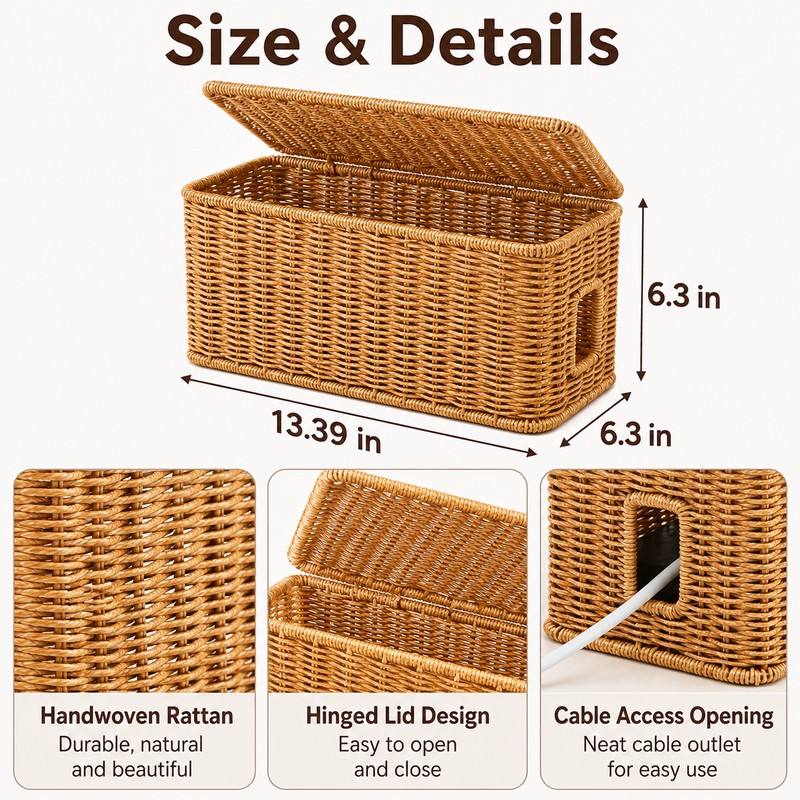 Handmade Rattan Cable Management Box for Cord Organization - Decorative