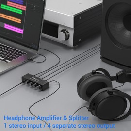 Cubilux 4-Way Headphone Amplifier 3.5mm with Volume Adjustment,Multiple Headphone Jack Splitter for Share Music,Headphone Amplifier for Speaker Earphones Laptop MP3 Player-5V DC Power Supply