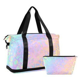 Weekender Bag for Women, Rainbow Leopard Print Neon Gym Bag Sports Duffle Bag Travel Tote Bag with Toiletry Bag Shoes Compartment Dry/Wet Separation Swim Bag