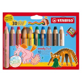 STABILO - Colouring Pencil, Watercolour & Wax Crayon - Woody 3 in 1 - Anniversary Edition - Pack of 10 with Sharpener - 10 Colours
