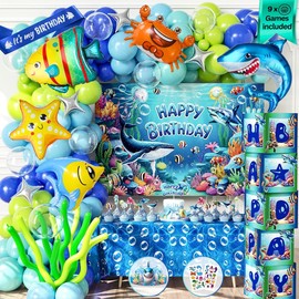 RainMeadow 179 PCS Under the Sea Party Decorations C Ocean Themed Birthday Supplies with Balloon Arch Kit, Backdrop, Sea Creatures, Cake Toppers & Tablecloth C Underwater Party Decor for Kids