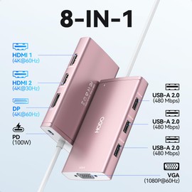 USB C Docking Station Dual Monitor Adapter for Dell HP, Laptop Docking Station 3 Monitors Quadruple Display USB C Hub Dongle to 4K HDMI+DisplayPort+VGA,3 USB2.0,100W PD, 8 in 1 USB C Dock