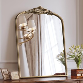 Wiserset Arched Antique Wall Mirror, 24"x32" Vintage Gold Bathroom Vanity Mirror, Ornate Arch Bronze Mirror for Over Sink/Fireplace/Entryway