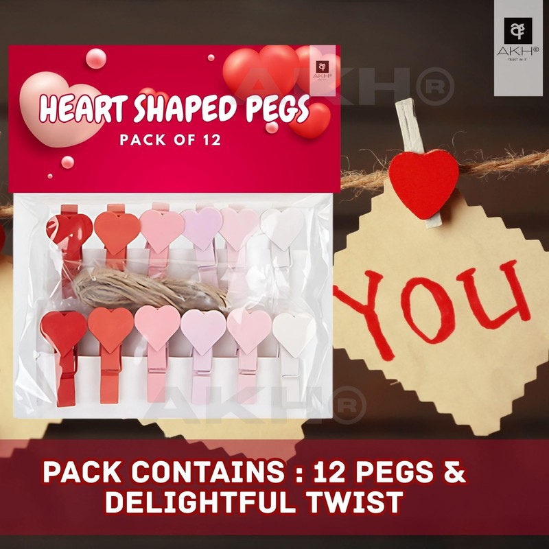 AKH® Heart-Shaped Pegs | 12 Pack | 3.5cm Wooden Decorative