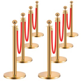 VEPLIT 8PCS Stainless Steel Stanchions Post w/ 6 Red Velvet 5ft Carpet Ropes - Hollow Base for Red Carpet Queue - Crowd Control Barriers Ideal for Party, Wedding, Hotels, Exhibitions - Gold