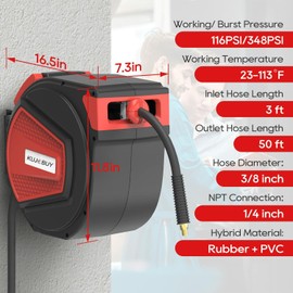 KUJOBUY 3/8 in. x 50 ft Retractable Air Hose Reel - Heavy-Duty Enclosed Auto Rewind, NPT 1/4" Any Length Lock, 180° Swivel Bracket, MAX Pressure 348 PSI for Garage, Industrial, and Home Use