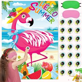 Upgraded, Hawaiian Luau Games for Kids, Pin The Eyes on The Flamingo, with Poster, Reusable Stickers, and Eye Mask Accessories, Summer Tropical Flamingo Party Game Supplies