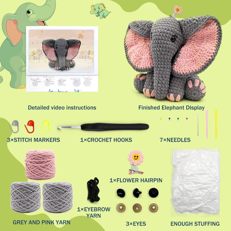 CODGP Crochet Kit for Beginners,13in Crochet Animal Kit Elephant,Crochet Starter