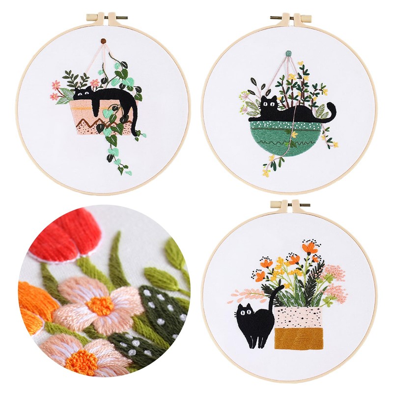 Joyeee Embroidery Starter Kit for Beginners Adults, 3 Set Cat+Green