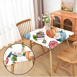 Amonsa Thanksgiving Table Cloths Fitted Cloth Tablecloths with Elastic：Washable Spandex Fabric Card Table Cover Picnic Dining Party Blue Pumpins 42 x 42 Inch Square