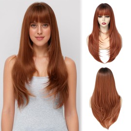 Yamel Hair Wigs with Fringe Ombre Auburn 24 Inch Adjustable Cosplay or Daily Natural Straight Long Wigs for Women Lady