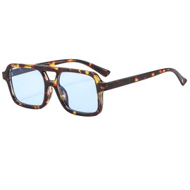 Long Keeper 70s Square Pilot Sunglasses for Women Men Retro Rectangle Sunglasses Vintage Trendy Small Double Bridge Sunglasses UV400 Protection (Leopard Blue)